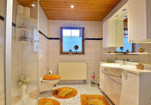 Bad mit Dusche, WC, Waschbecken