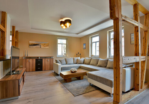 Wohnzimmer mit Couch und TV
