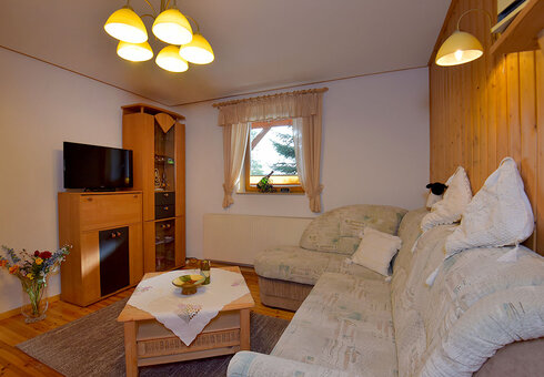Wohnzimmer mit Couch und TV
