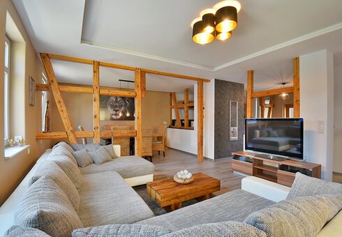 Wohn-Esszimmer mit Couch und TV