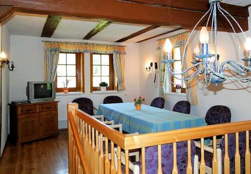 Blick in den Kaminraum mit TV