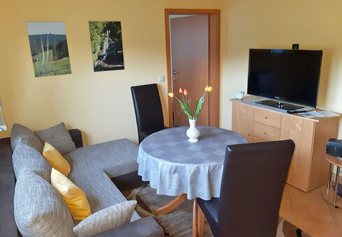 Wohnzimmer mit Couch und TV