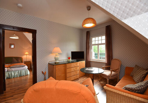 Wohnzimmer mit Couch und TV