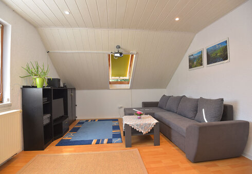 Wohnzimmer mit Couch, TV und Beamer