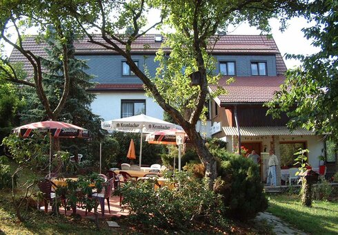 Blick in den Garten mit Terrasse