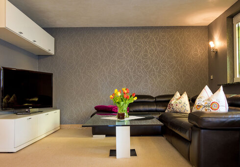 Wohnzimmer mit Couch und TV