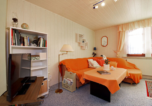 Wohnzimmer mit Couch und TV