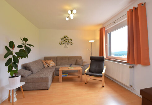 Wohnzimmer mit Couch und Panoramafenster