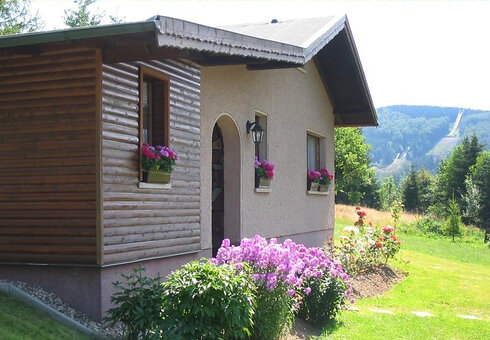 Ferienhaus, Seitenansicht im Sommer