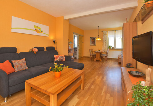 Wohnzimmer mit Couch und TV