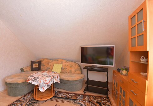 Wohnzimmer mit Couch und TV